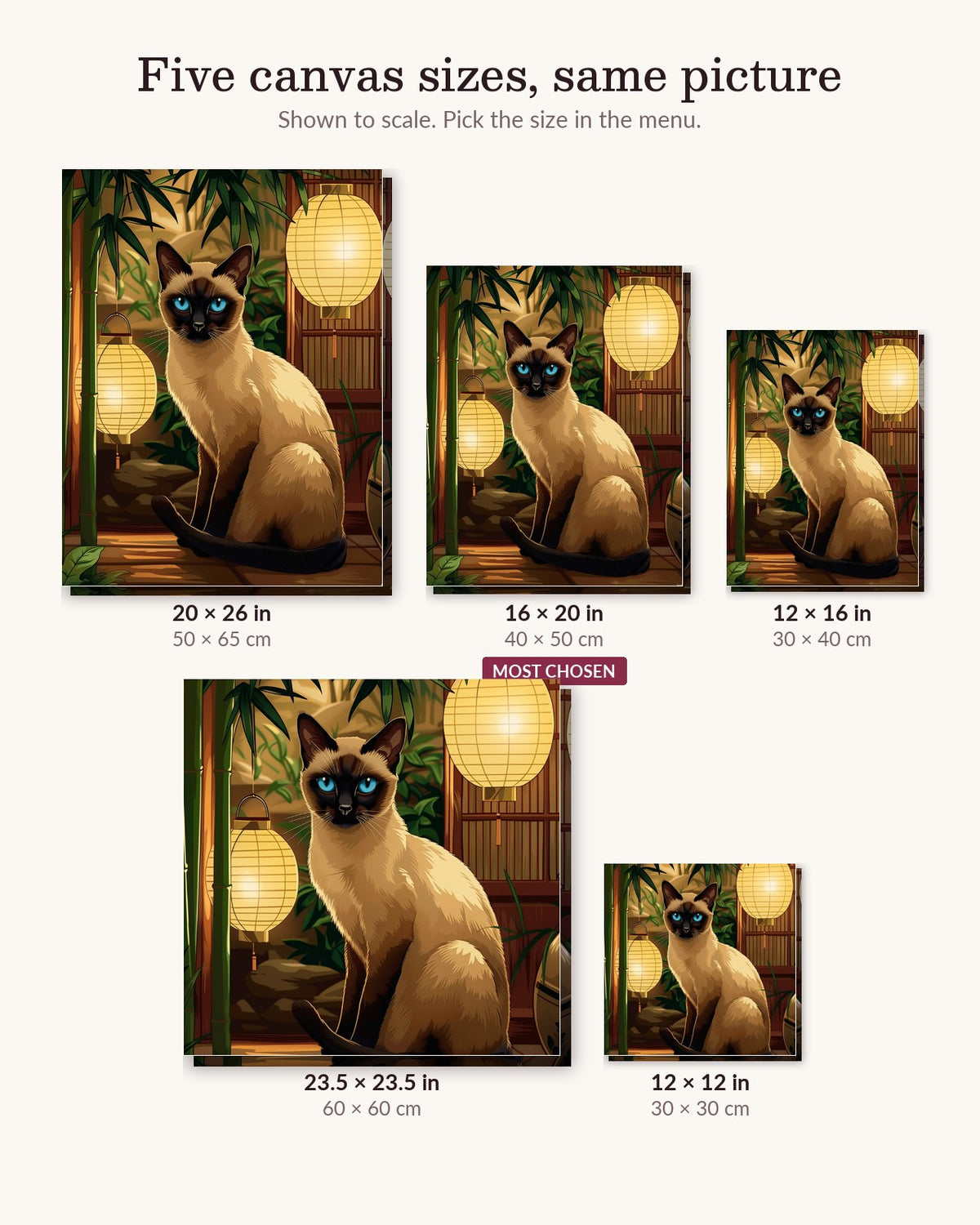 Quiet Siamese canvas sizes from 12 x 12 to 23.5 x 23.5 inches
