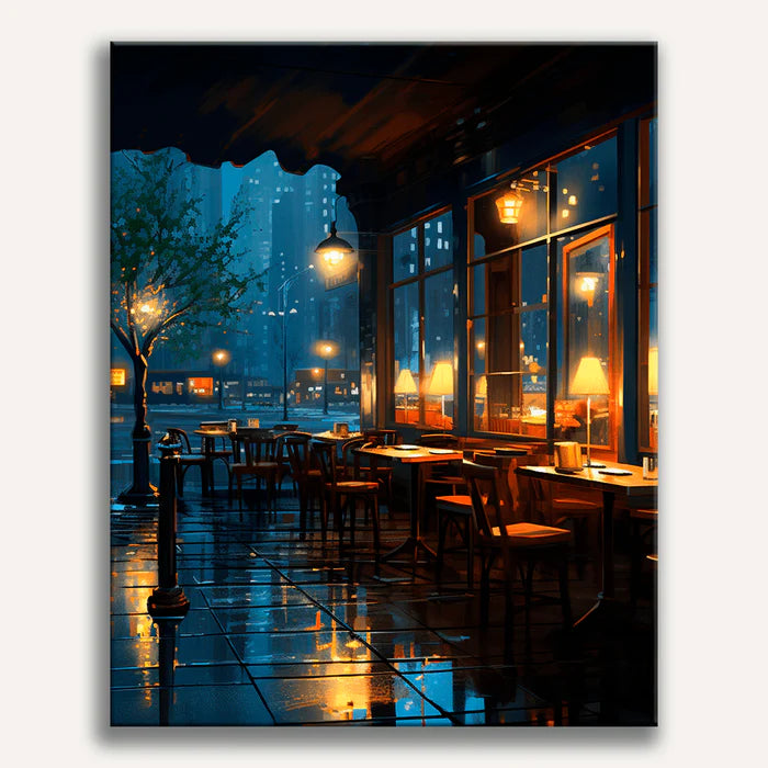 Quiet Urban Evening Painting By Numbers Kit depicting a city cafe at night with warm lamplight reflections.