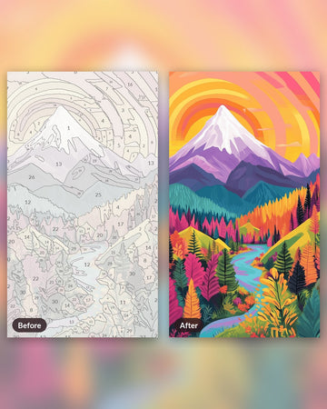 Radiant Peaks paint by numbers kit, before and after