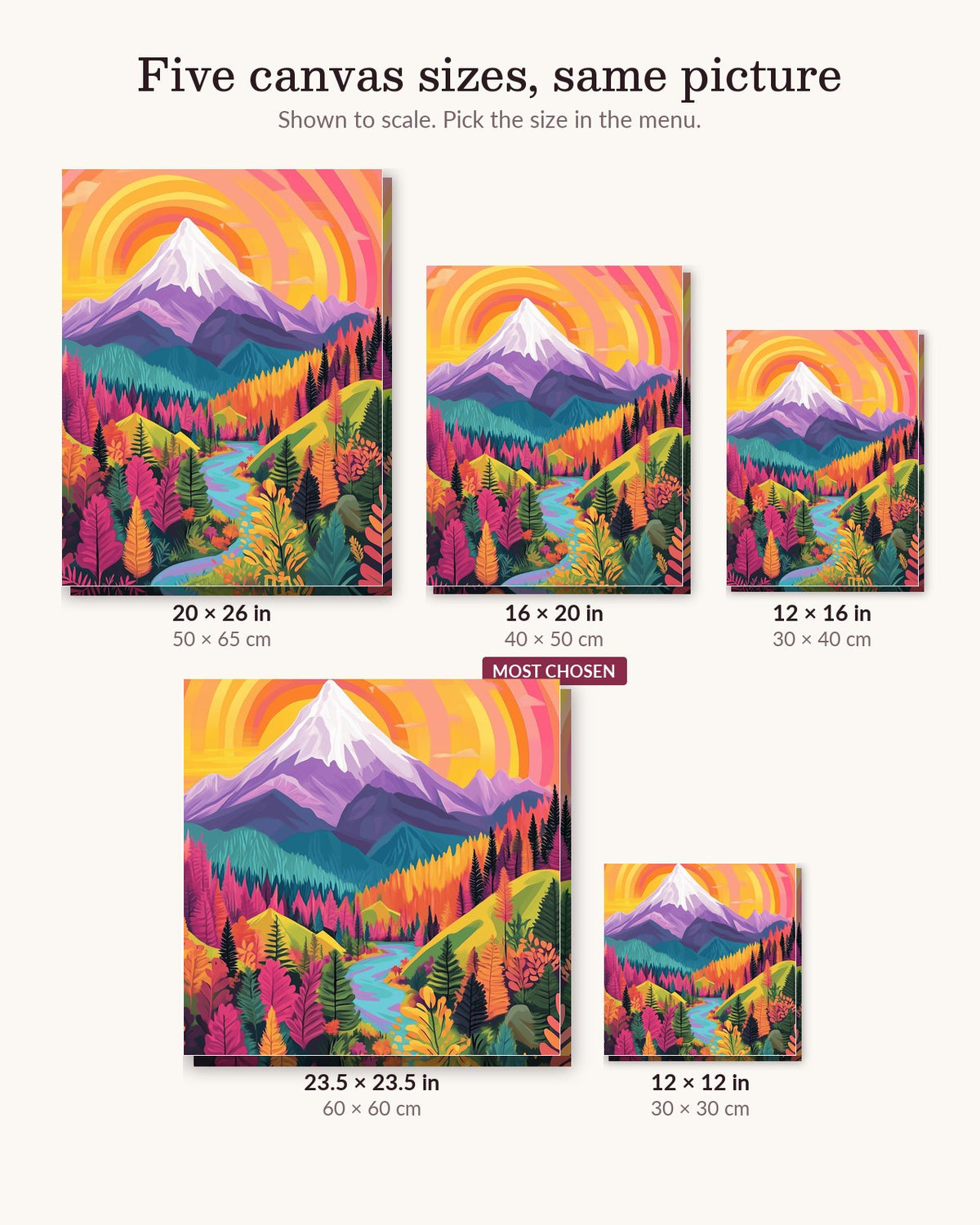 Radiant Peaks canvas sizes from 12 x 12 to 23.5 x 23.5 inches