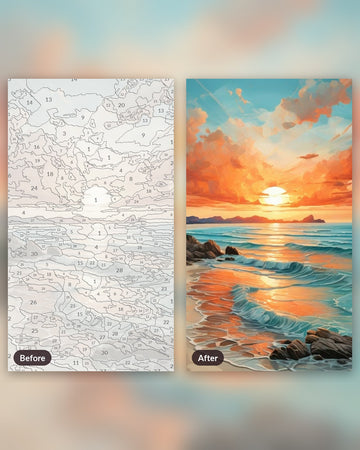 Radiant Sea Dawn paint by numbers kit, before and after