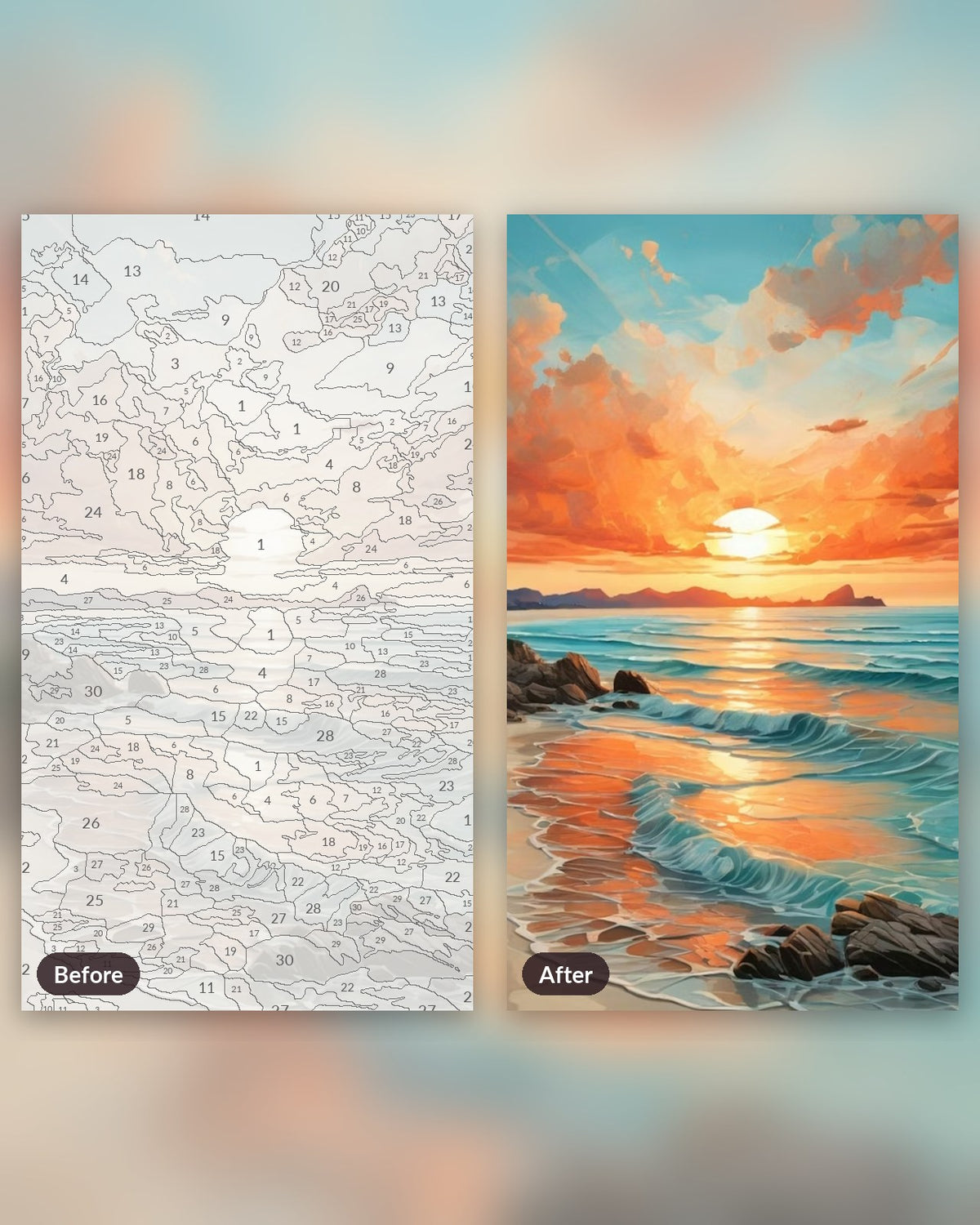 Radiant Sea Dawn paint by numbers kit, before and after