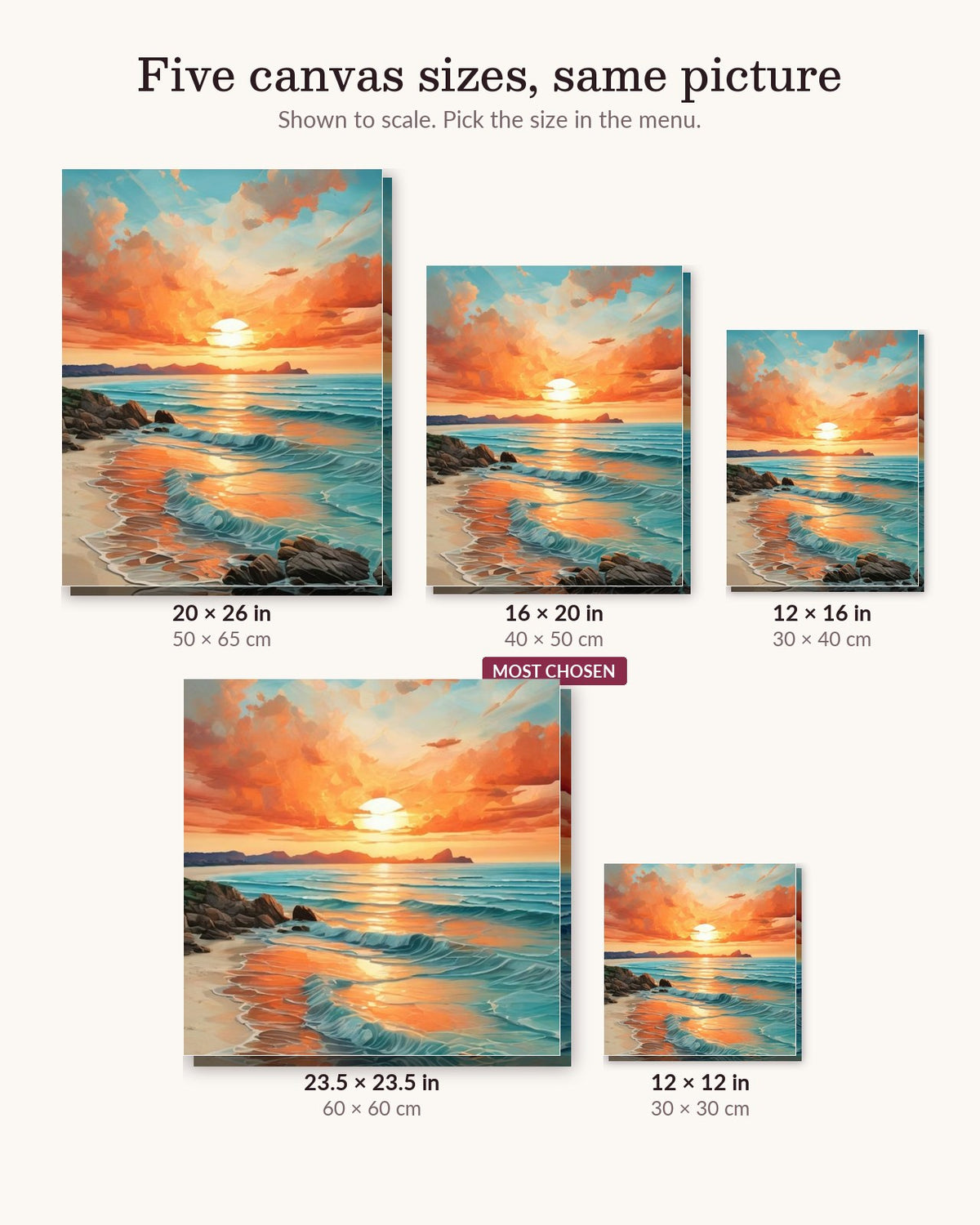 Radiant Sea Dawn canvas sizes from 12 x 12 to 23.5 x 23.5 inches