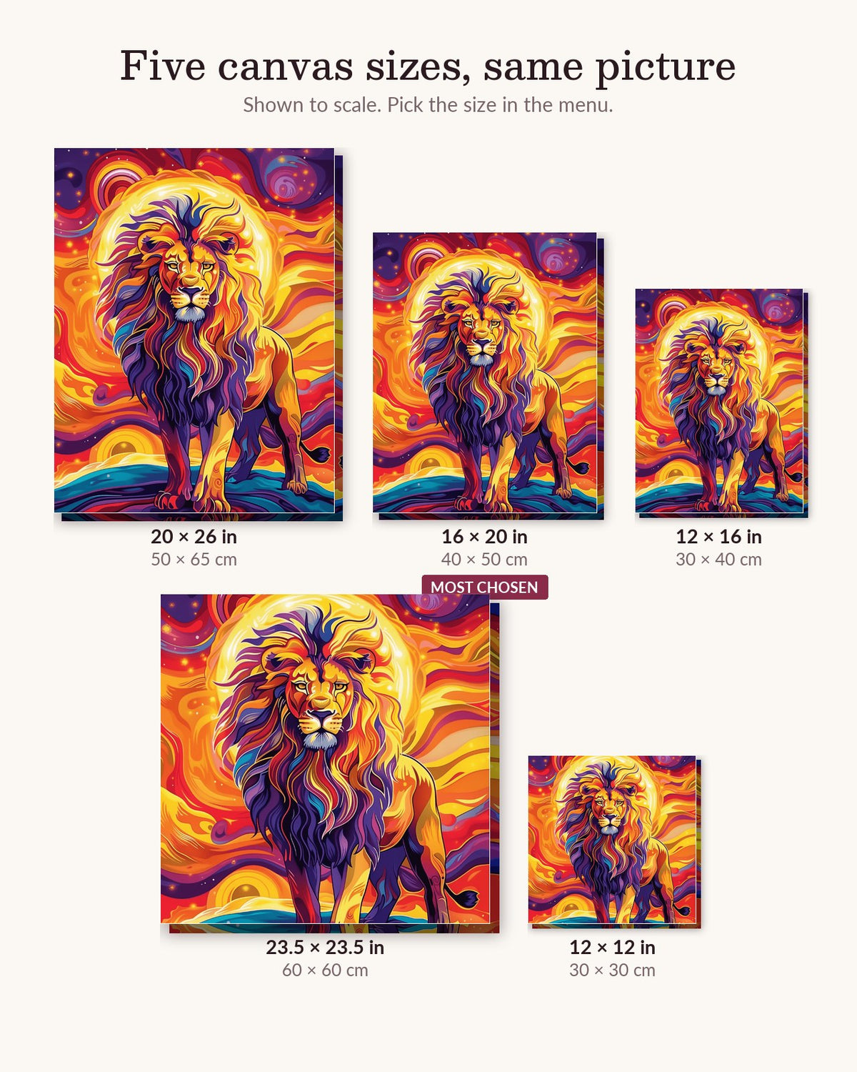 Radiant Sun Lion canvas sizes from 12 x 12 to 23.5 x 23.5 inches
