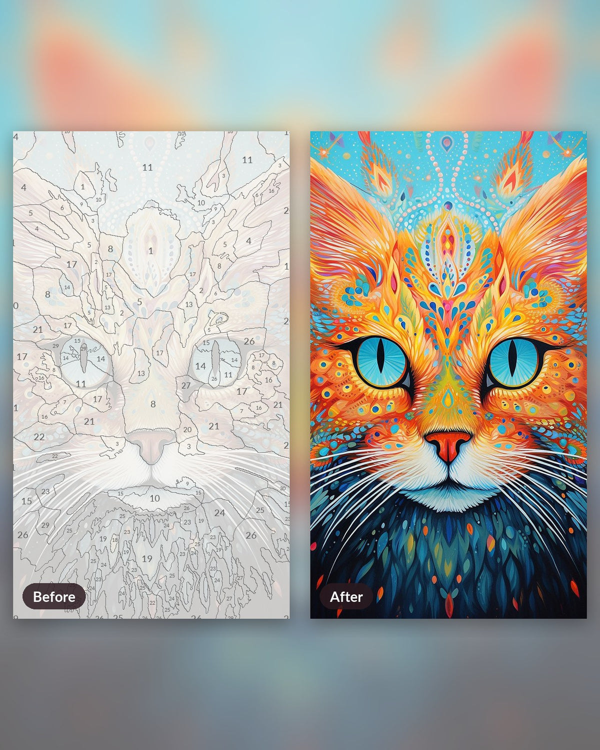 Rainbowcore Cat paint by numbers kit, before and after