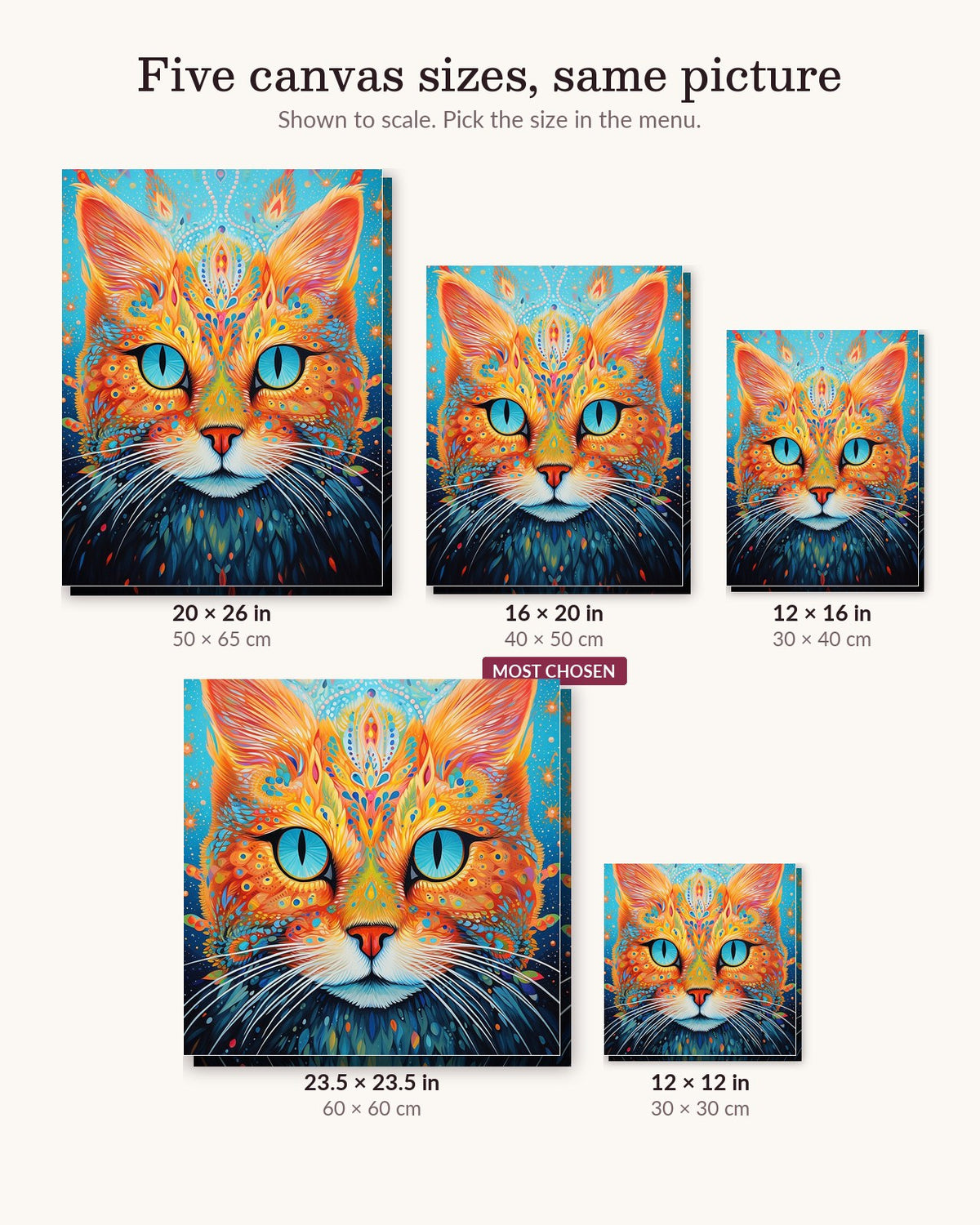 Rainbowcore Cat canvas sizes from 12 x 12 to 23.5 x 23.5 inches