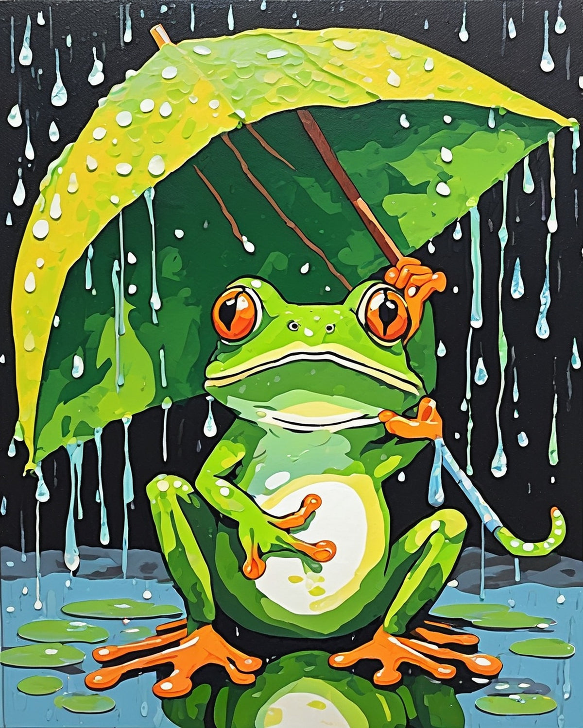 Rainy Day Frog paint by numbers kit, green frog with orange eyes holding a leaf umbrella in the rain with lily pads below