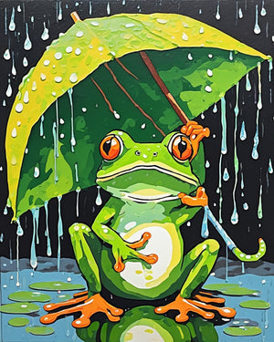 Rainy Day Frog paint by numbers kit, green frog with orange eyes holding a leaf umbrella in the rain with lily pads below