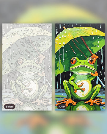 Rainy Day Frog Painting by Numbers Kit paint by numbers kit, before and after