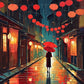 Rainy Lantern Street anime paint by numbers kit, rainy Japanese street at night with red lanterns