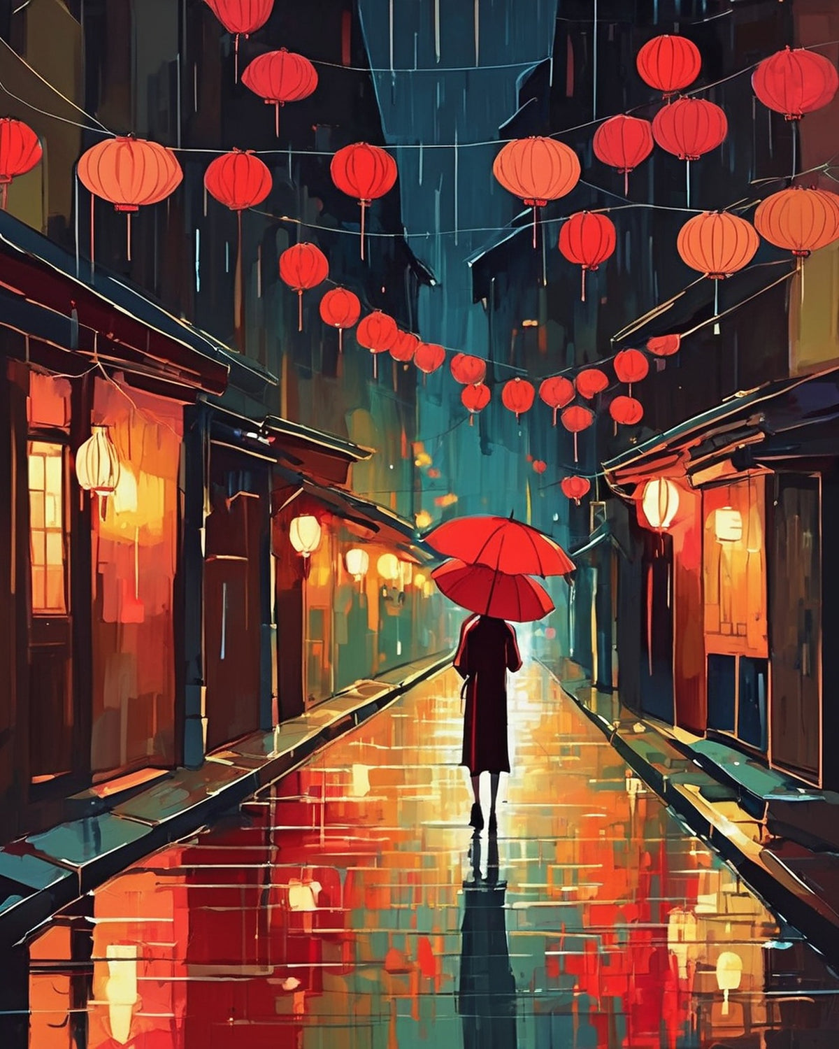 Rainy Lantern Street anime paint by numbers kit, rainy Japanese street at night with red lanterns