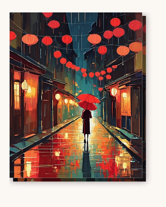 Rainy Lantern Street paint by numbers kit on stretched canvas