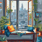 Rainy Reading Nook paint by numbers kit, cozy window seat with a book and tea on a rainy day