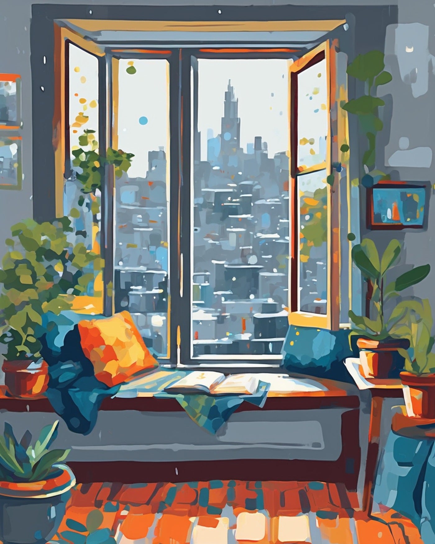 Rainy Reading Nook paint by numbers kit, cozy window seat with a book and tea on a rainy day