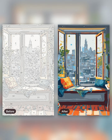 Rainy Reading Nook paint by numbers kit, before and after