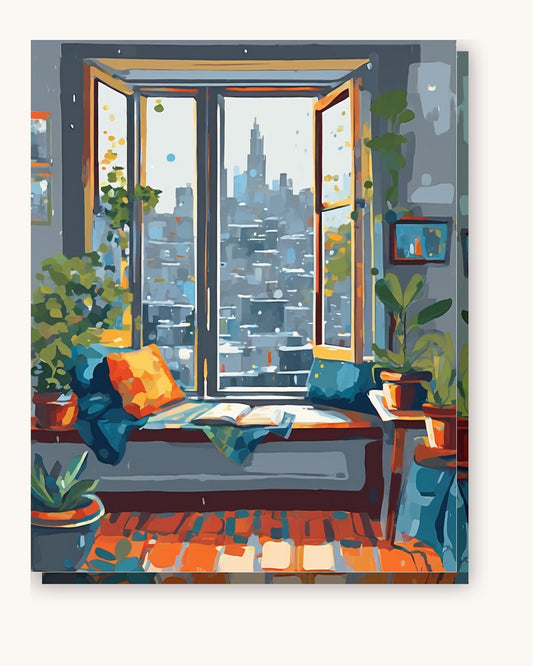 Rainy Reading Nook paint by numbers kit on stretched canvas