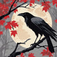 Raven on the Maple Branch paint by numbers kit, black raven on a red maple branch in the mist