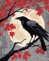 Raven on the Maple Branch paint by numbers kit, black raven on a red maple branch in the mist