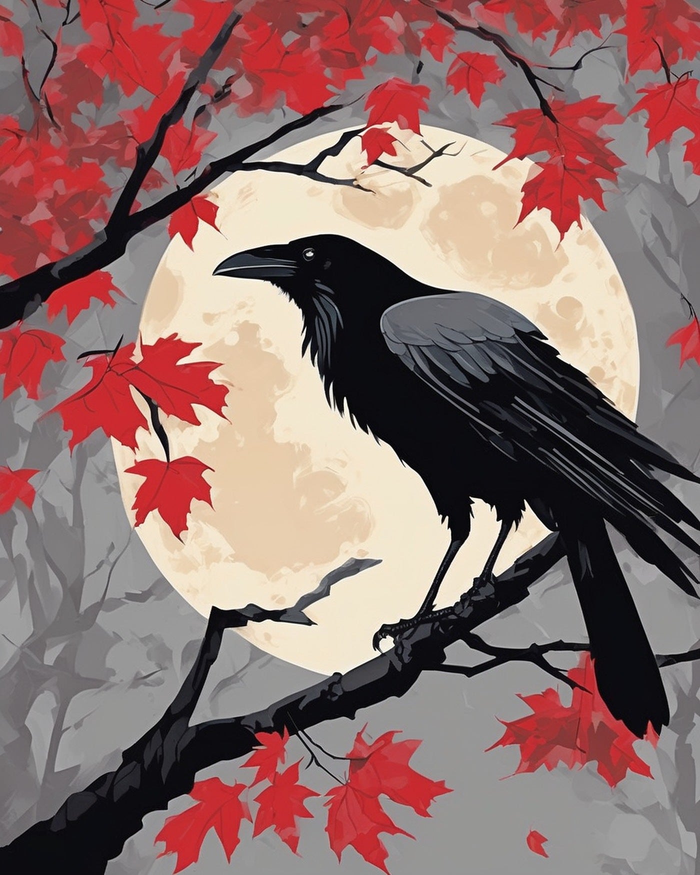 Raven on the Maple Branch paint by numbers kit, black raven on a red maple branch in the mist