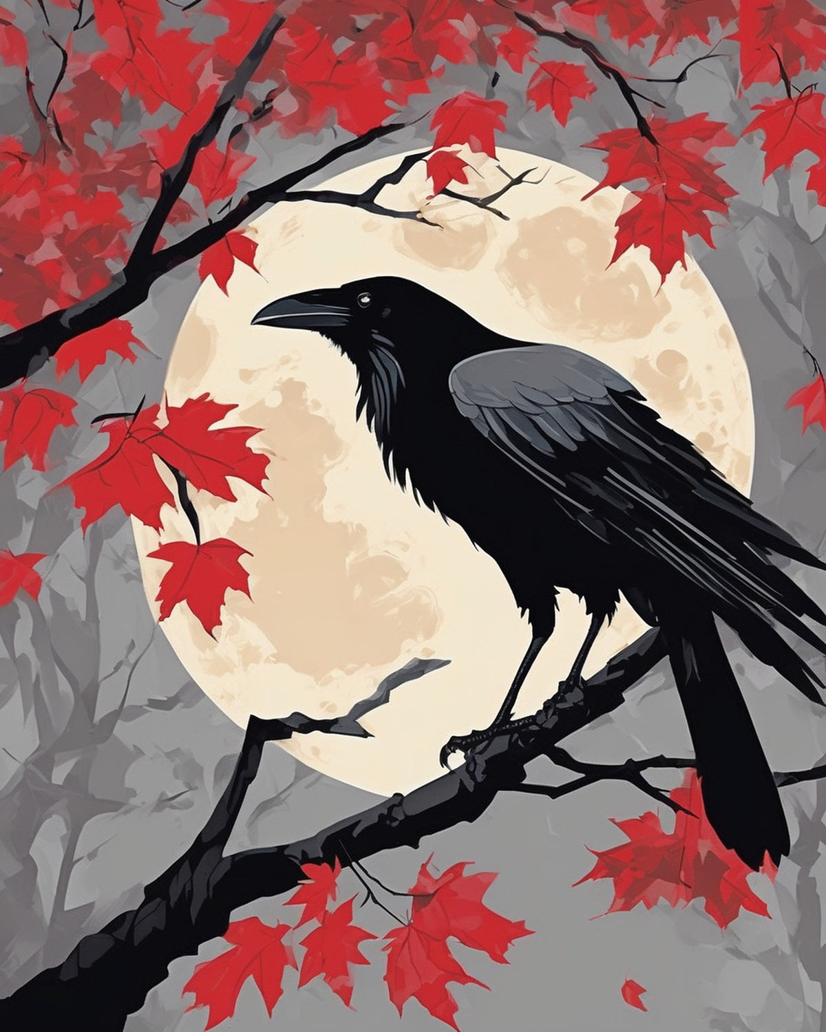 Raven on the Maple Branch paint by numbers kit, black raven on a red maple branch in the mist