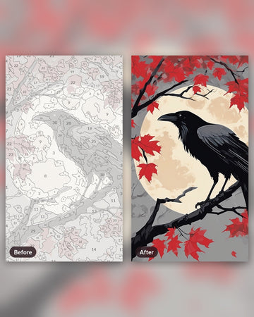 Raven on the Maple Branch paint by numbers kit, before and after