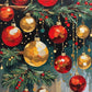 red and gold christmas baubles hanging from fir branches with berries on a dark green background, paint by numbers kit