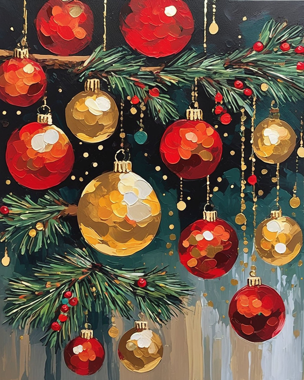 red and gold christmas baubles hanging from fir branches with berries on a dark green background, paint by numbers kit