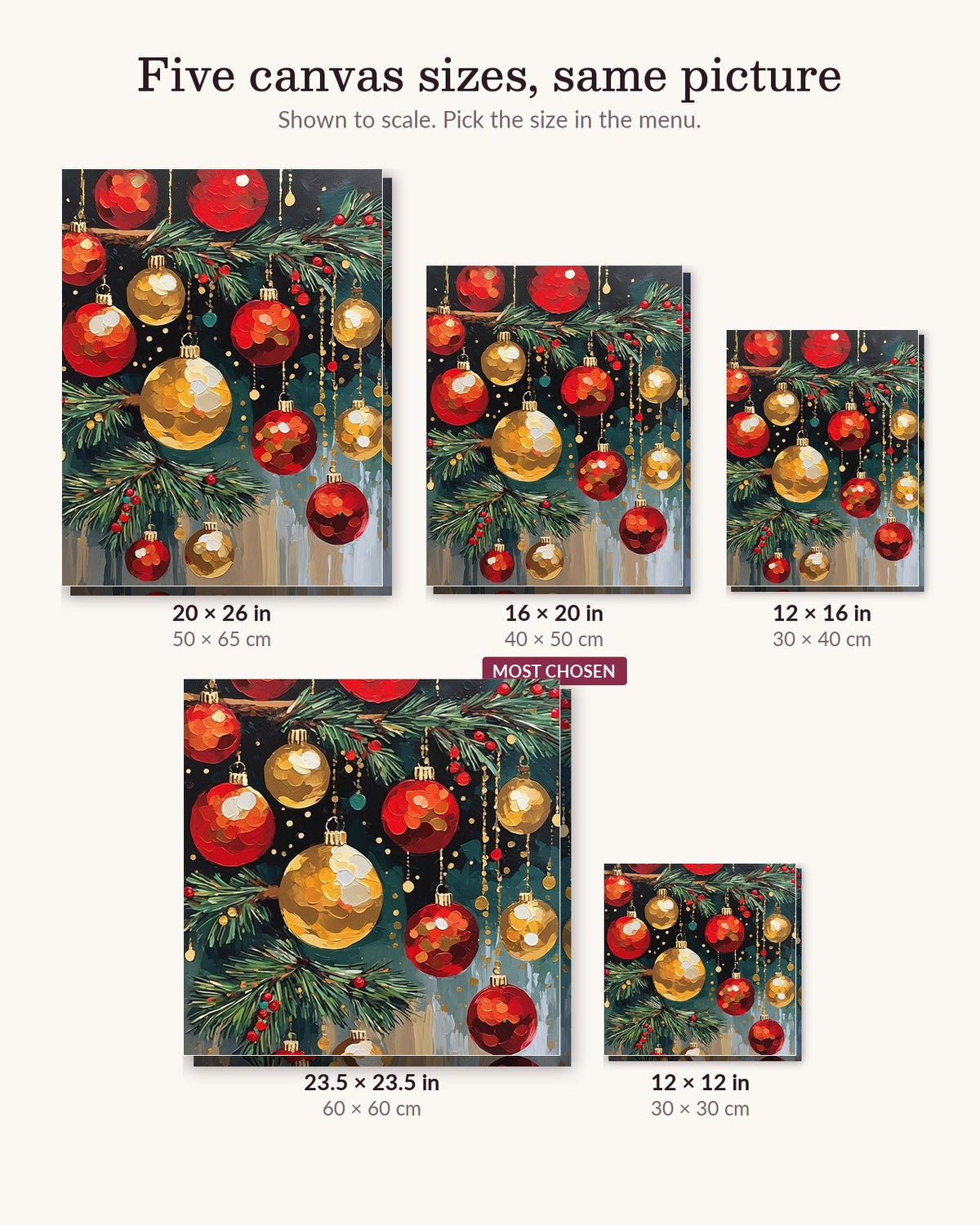 Red and Gold Christmas Ornaments canvas sizes from 12 x 12 to 23.5 x 23.5 inches
