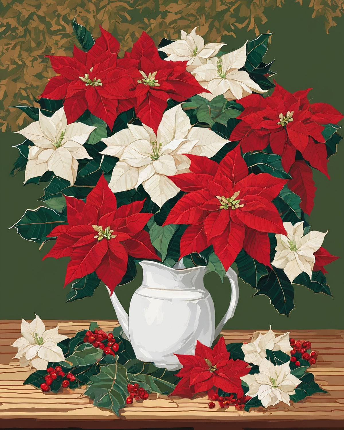 Red and White Poinsettia Still Life paint by numbers kit, red and white poinsettias in a white pitcher with holly