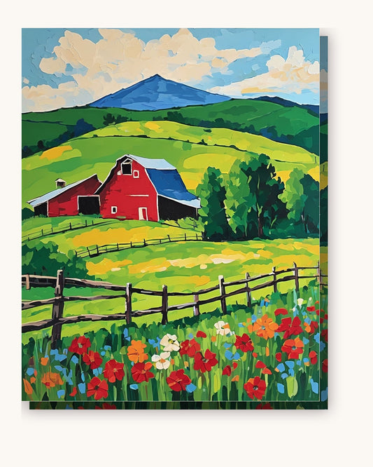 Red Barn on the Green Hill paint by numbers kit on stretched canvas