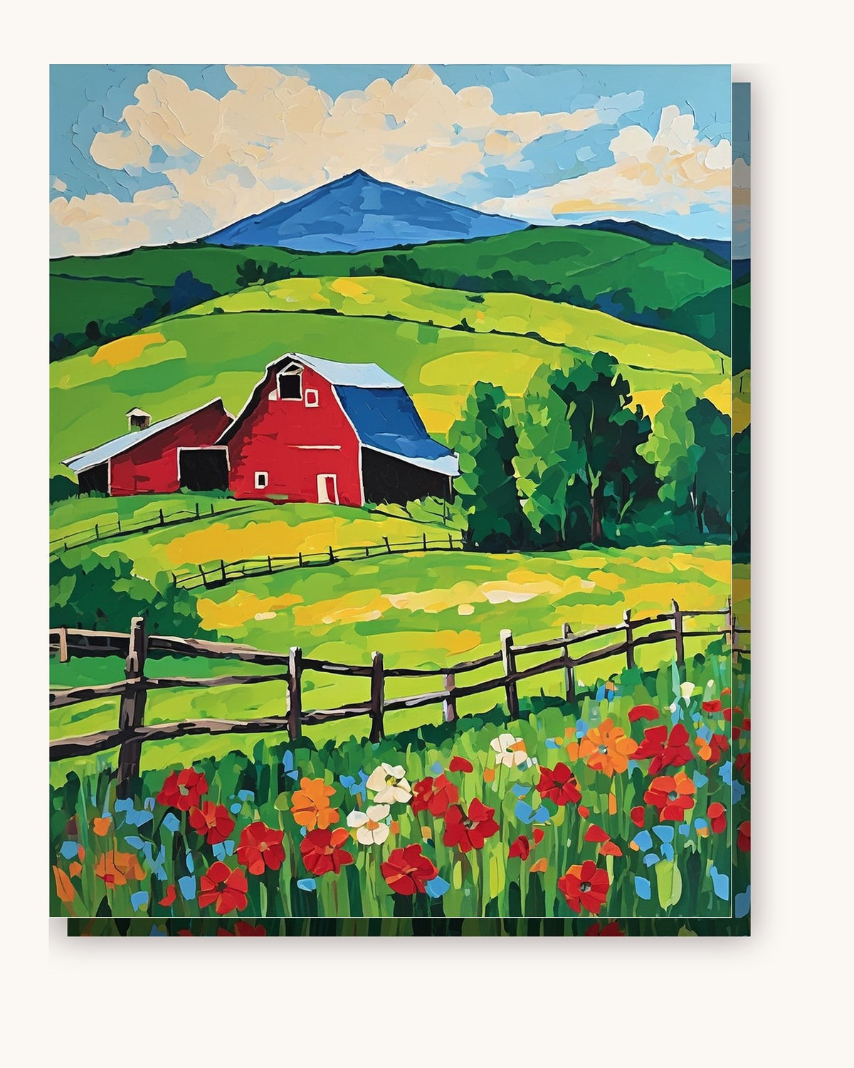 Red Barn on the Green Hill paint by numbers kit on stretched canvas