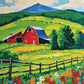 red barn with a blue roof on a green hill behind a wooden fence and red wildflowers, paint by numbers kit