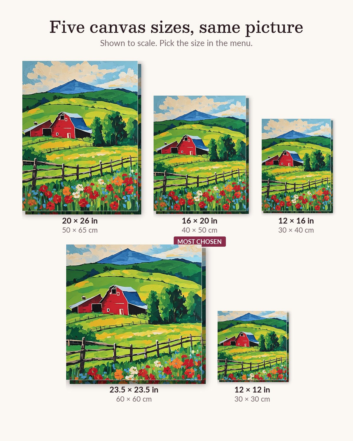 Red Barn on the Green Hill canvas sizes from 12 x 12 to 23.5 x 23.5 inches