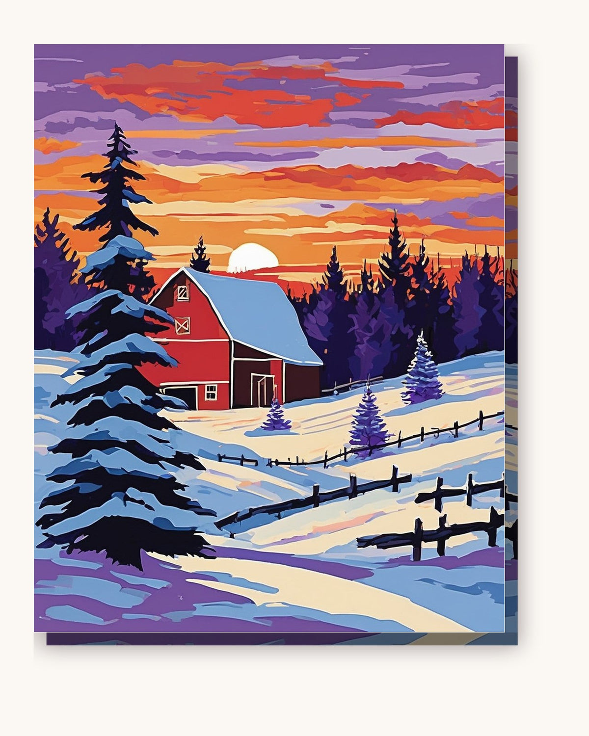 Red Barn on the Snowy Hill at Sunset paint by numbers kit on stretched canvas