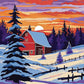 red barn on a snowy hill with fence and pine trees under an orange and purple sunset, paint by numbers kit
