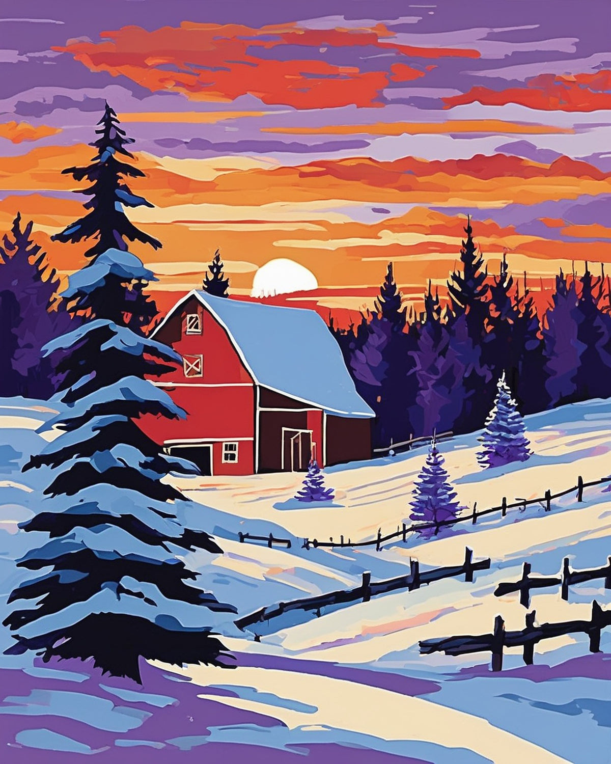 red barn on a snowy hill with fence and pine trees under an orange and purple sunset, paint by numbers kit
