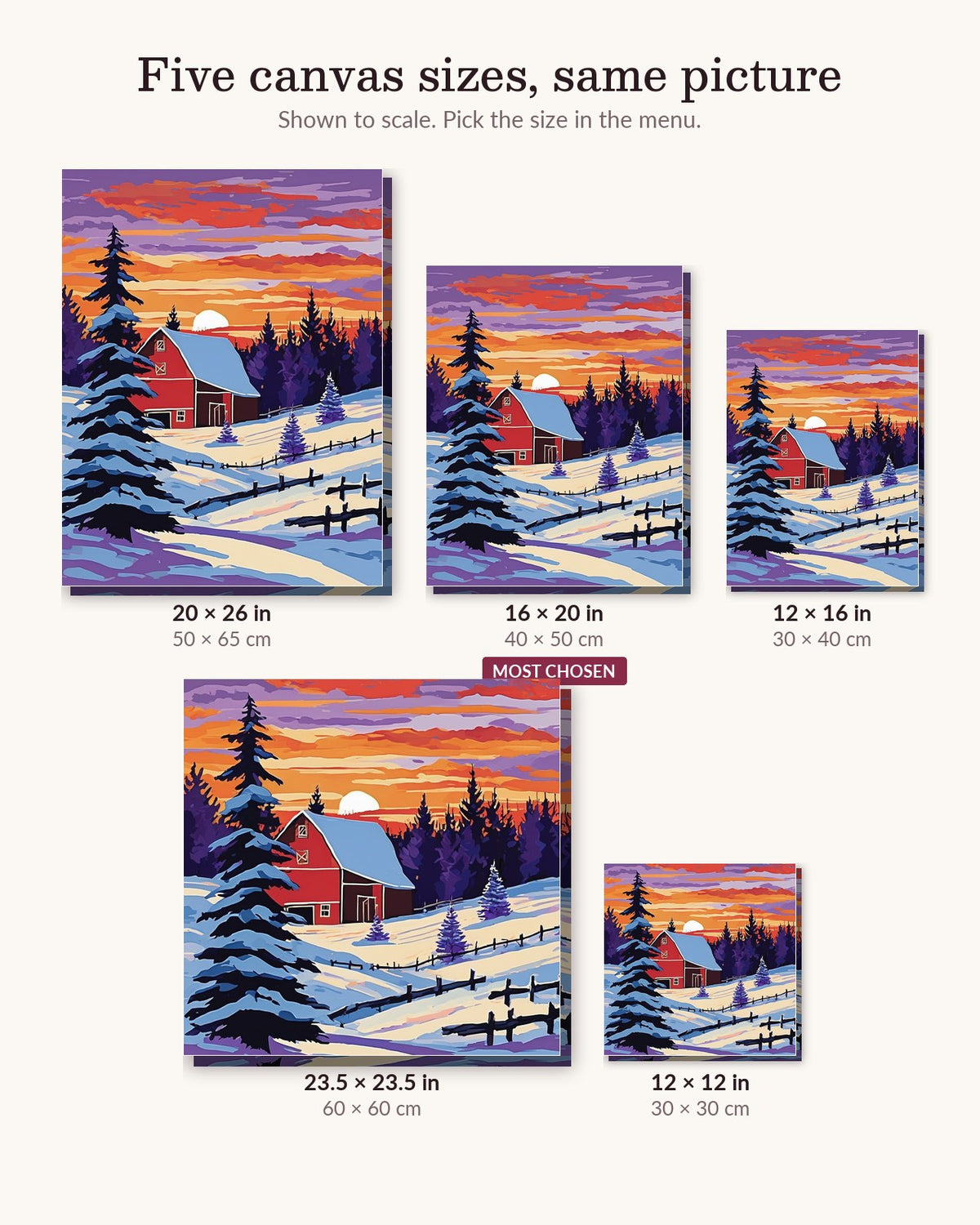 Red Barn on the Snowy Hill at Sunset canvas sizes from 12 x 12 to 23.5 x 23.5 inches