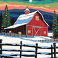 Red Barn with a Lit Christmas Tree paint by numbers kit, red barn with lit windows and a snowy roof beside a Christmas tree with colored lights, wooden fence and night sky