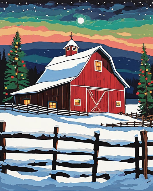 Red Barn with a Lit Christmas Tree paint by numbers kit, red barn with lit windows and a snowy roof beside a Christmas tree with colored lights, wooden fence and night sky