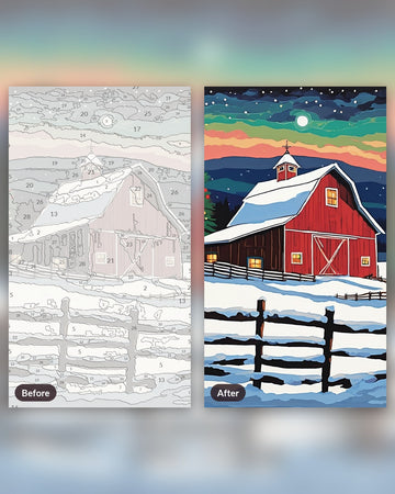 Red Barn with a Lit Christmas Tree Painting by Numbers Kit paint by numbers kit, before and after