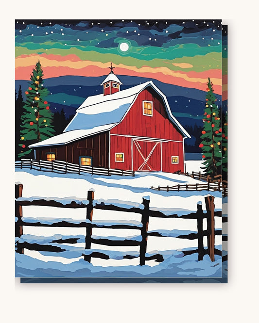 Red Barn with a Lit Christmas Tree paint by numbers kit on stretched canvas