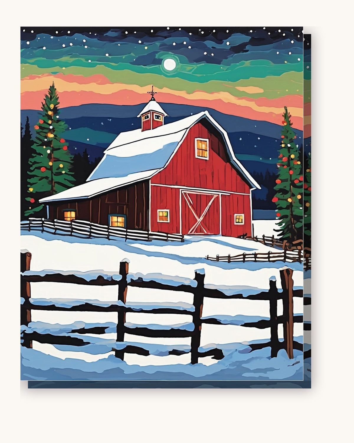 Red Barn with a Lit Christmas Tree paint by numbers kit on stretched canvas