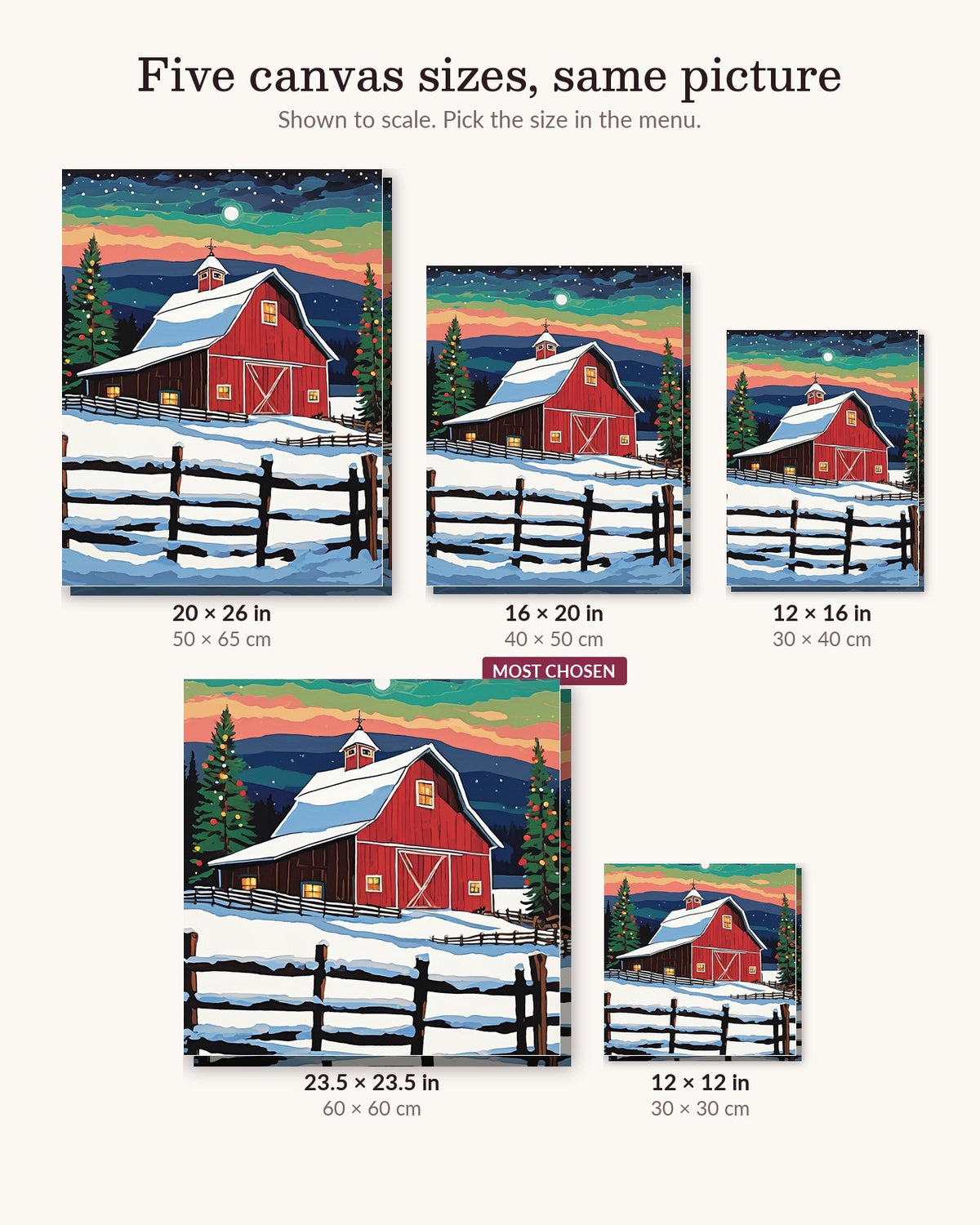Red Barn with a Lit Christmas Tree canvas sizes from 12 x 12 to 23.5 x 23.5 inches