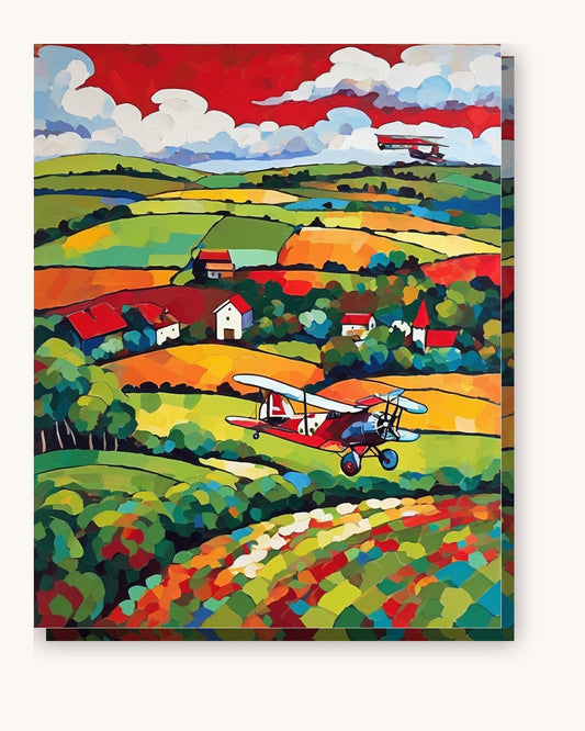 Red Biplane over Patchwork Fields paint by numbers kit on stretched canvas