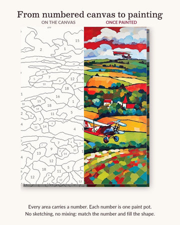 Red Biplane over Patchwork Fields numbered canvas next to the finished painting