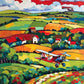 red biplane flying over patchwork farm fields with small red roofed houses and white clouds, paint by numbers kit