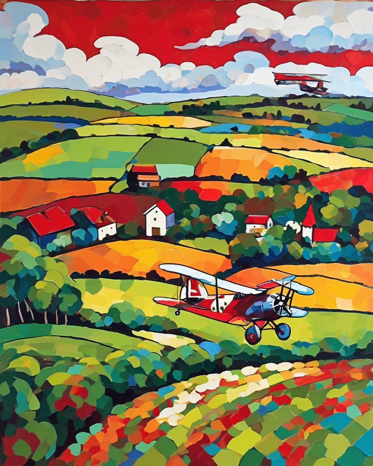 red biplane flying over patchwork farm fields with small red roofed houses and white clouds, paint by numbers kit