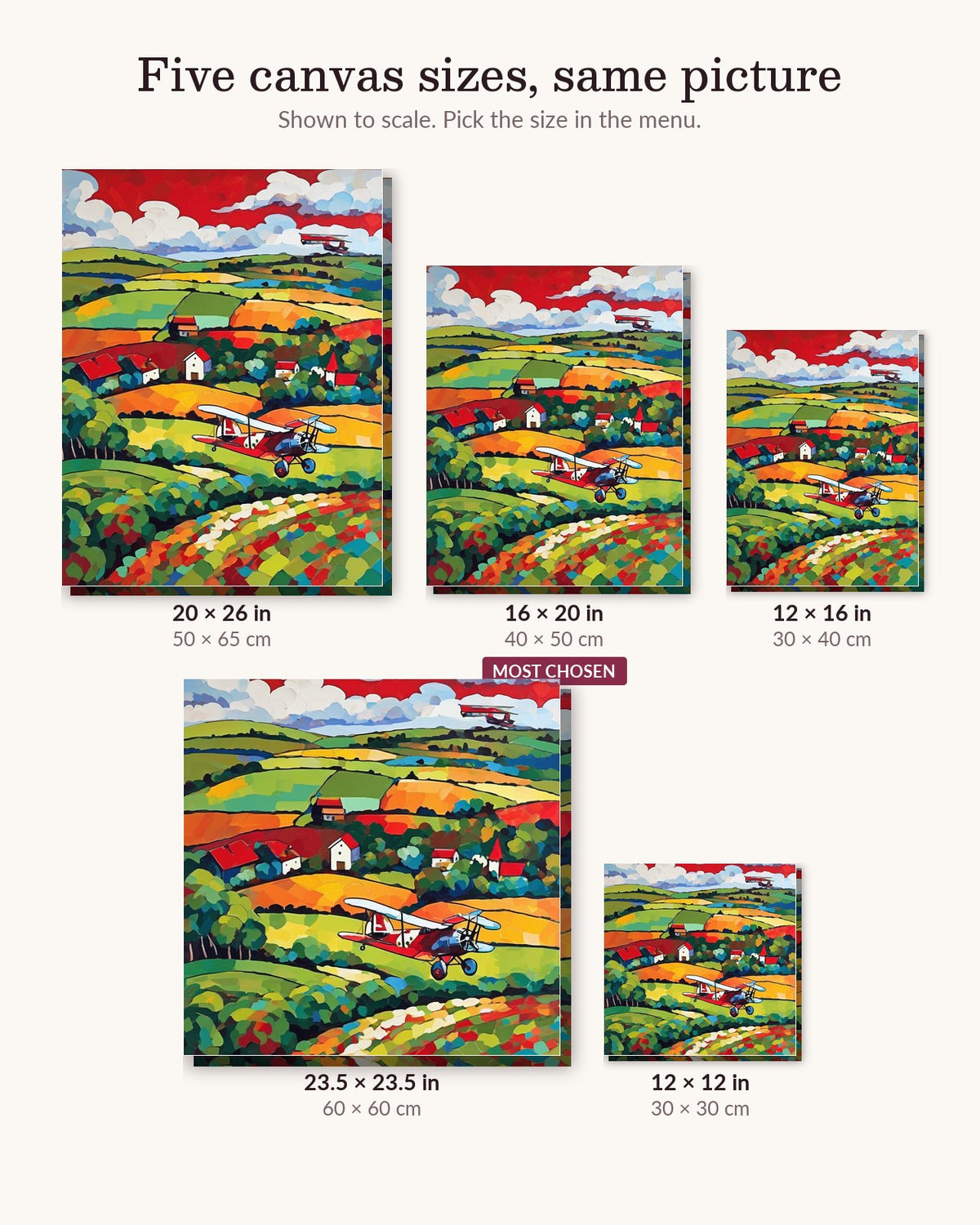 Red Biplane over Patchwork Fields canvas sizes from 12 x 12 to 23.5 x 23.5 inches