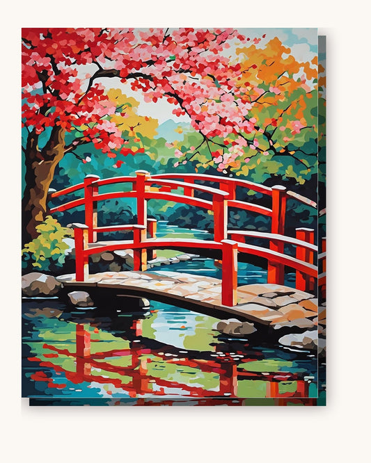 Red Bridge and Cherry Blossoms paint by numbers kit on stretched canvas