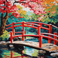 red wooden bridge over a pond under a pink cherry blossom tree, paint by numbers kit